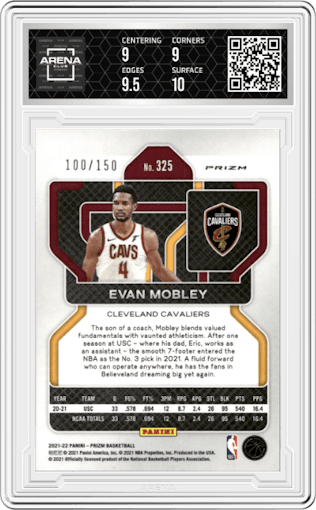 Evan Mobley from the 2021-22 Panini Prizm  set featuring a Fast Break Blue parallel graded by Arena Club and given an overall grade of 9.5.