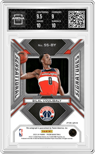 Bilal Coulibaly from the 2023-24 Panini Prizm set featuring a Silver Prizm parallel graded by Arena Club and given an overall grade of 9.5.