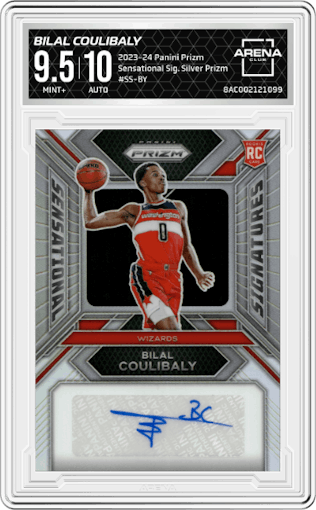 Bilal Coulibaly from the 2023-24 Panini Prizm set featuring a Silver Prizm parallel graded by Arena Club and given an overall grade of 9.5.