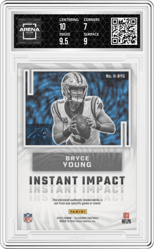 Bryce Young  from the 2023 Panini Illusions set featuring a Black parallel graded by Arena Club and given an overall grade of 7.5.