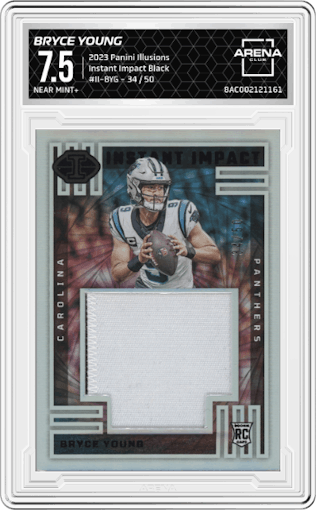 Bryce Young  from the 2023 Panini Illusions set featuring a Black parallel graded by Arena Club and given an overall grade of 7.5.