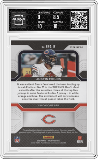 Justin Fields from the 2021 Panini Prizm set graded by Arena Club and given an overall grade of 9.