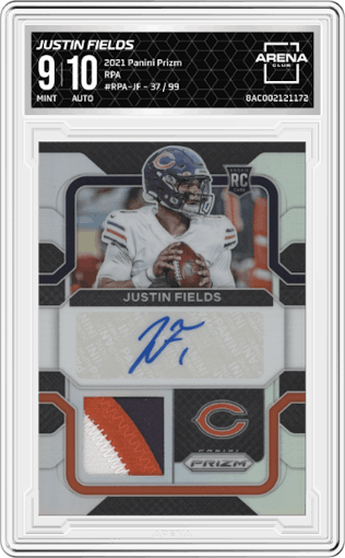 Justin Fields from the 2021 Panini Prizm set graded by Arena Club and given an overall grade of 9.