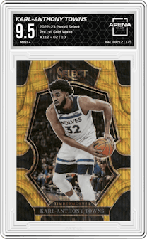  Karl-Anthony Towns from the 2022-23 Panini Select set featuring a Gold Wave parallel graded by Arena Club and given an overall grade of 9.5.