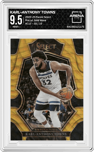  Karl-Anthony Towns from the 2022-23 Panini Select set featuring a Gold Wave parallel graded by Arena Club and given an overall grade of 9.5.