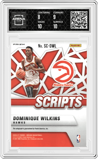 Dominique Wilkins from the 2020-21 Panini Mosaic set featuring a Silver Mosaic parallel graded by Arena Club and given an overall grade of 8.5.
