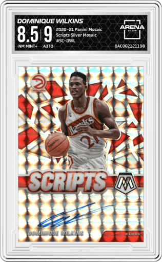 Dominique Wilkins from the 2020-21 Panini Mosaic set featuring a Silver Mosaic parallel graded by Arena Club and given an overall grade of 8.5.