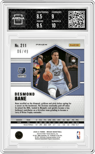 Desmond Bane from the 2020-21 Panini Mosaic set featuring a Purple Mosaic  parallel graded by Arena Club and given an overall grade of 9.