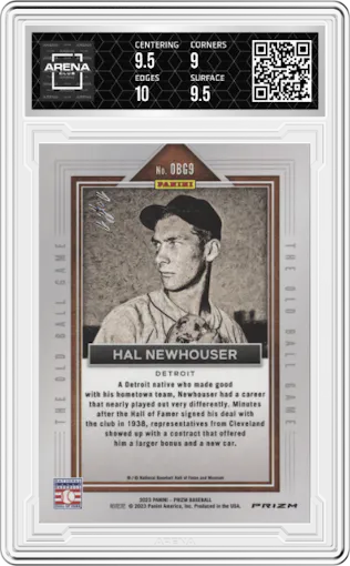 Hal Newhouser from the 2023 Panini Prizm set featuring a Black Finite parallel graded by Arena Club and given an overall grade of 9.5.