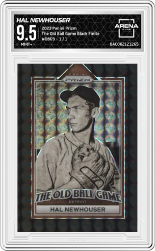 Hal Newhouser from the 2023 Panini Prizm set featuring a Black Finite parallel graded by Arena Club and given an overall grade of 9.5.