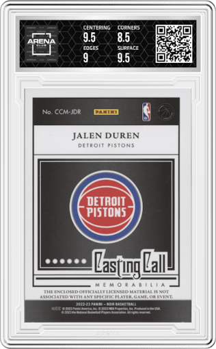 Jalen Duren from the 2022-23 Panini Noir set featuring a Prime parallel graded by Arena Club and given an overall grade of 9.
