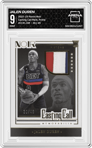 Jalen Duren from the 2022-23 Panini Noir set featuring a Prime parallel graded by Arena Club and given an overall grade of 9.