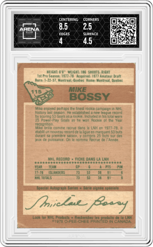 Mike Bossy from the 1978-79 O-Pee-Chee set graded by Arena Club and given an overall grade of 3.
