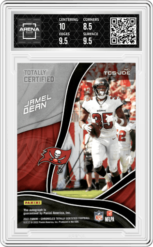 Jamel Dean from the 2021 Panini Chronicles set featuring a Red parallel graded by Arena Club and given an overall grade of 9.