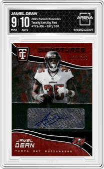 Jamel Dean from the 2021 Panini Chronicles set featuring a Red parallel graded by Arena Club and given an overall grade of 9.