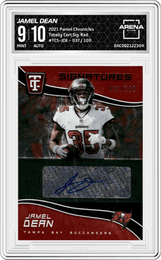 Jamel Dean from the 2021 Panini Chronicles set featuring a Red parallel graded by Arena Club and given an overall grade of 9.