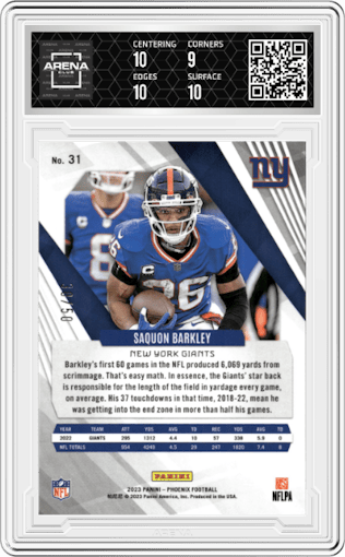 Saquon Barkley from the 2023 Panini Phoenix set featuring a Yellow parallel graded by Arena Club and given an overall grade of 9.5.
