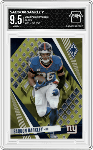 Saquon Barkley from the 2023 Panini Phoenix set featuring a Yellow parallel graded by Arena Club and given an overall grade of 9.5.