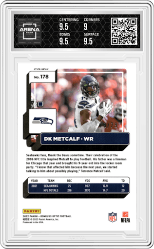 DK Metcalf from the 2022 Panini Donruss Optic set featuring a  Pink Velocity parallel graded by Arena Club and given an overall grade of 9.5.