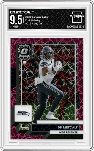 DK Metcalf from the 2022 Panini Donruss Optic set featuring a  Pink Velocity parallel graded by Arena Club and given an overall grade of 9.5.