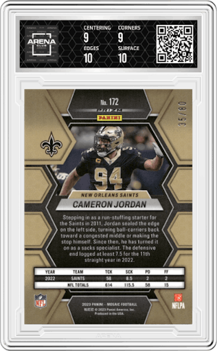Cameron Jordan from the 2023 Panini Mosaic set featuring a Choice Fusion Red & Yellow parallel graded by Arena Club and given an overall grade of 9.5.