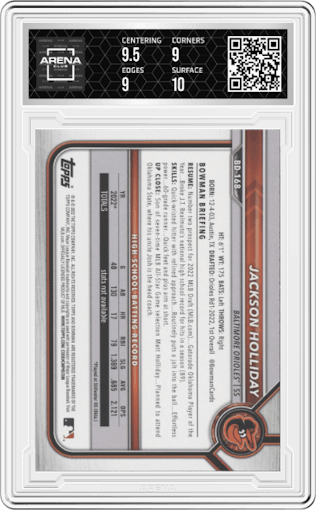 Jackson Holliday from the 2022 Bowman Draft set graded by Arena Club and given an overall grade of 9.5.