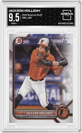 Jackson Holliday from the 2022 Bowman Draft set graded by Arena Club and given an overall grade of 9.5.