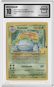 Venusaur from the 2021 Pokemon SWSH set featuring a Base Set parallel graded by Arena Club and given an overall grade of 10.