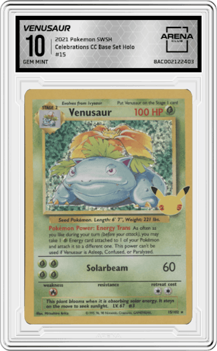 Venusaur from the 2021 Pokemon SWSH set featuring a Base Set parallel graded by Arena Club and given an overall grade of 10.