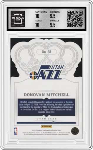 Donovan Mitchell from the 2021-22 Crown Royale set featuring a Asia Lucky Envelopes parallel graded by Arena Club and given an overall grade of 10.