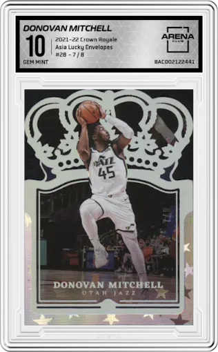 Donovan Mitchell from the 2021-22 Crown Royale set featuring a Asia Lucky Envelopes parallel graded by Arena Club and given an overall grade of 10.