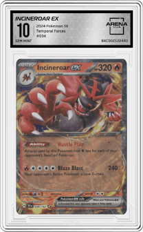 Incineroar ex from the 2024 Pokemon SV set graded by Arena Club and given an overall grade of 10.