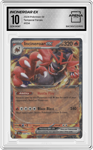 Incineroar ex from the 2024 Pokemon SV set graded by Arena Club and given an overall grade of 10.