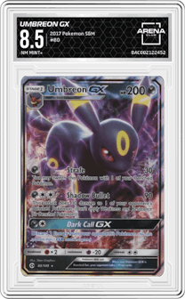 Umbreon GX from the 2017 Pokemon S&M set graded by Arena Club and given an overall grade of 8.5.
