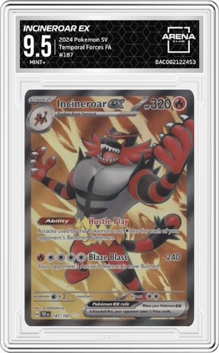 Incineroar ex from the 2024 Pokemon SV set graded by Arena Club and given an overall grade of 9.5.