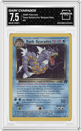 Dark Gyarados from the 2000 Pokemon set featuring a Pre-Release parallel graded by Arena Club and given an overall grade of 7.5.