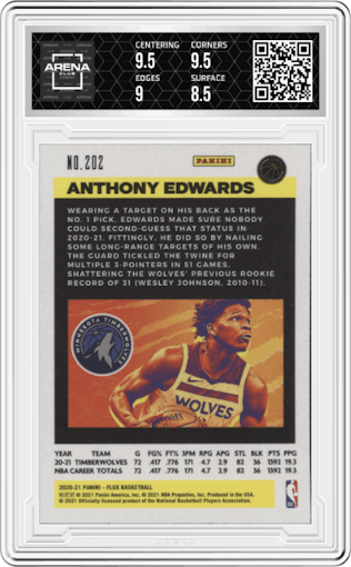 Anthony Edwards from the 2020-21 Panini Flux set graded by Arena Club and given an overall grade of 9.