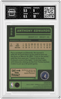 Anthony Edwards from the 2020-21 Panini Chronicles set graded by Arena Club and given an overall grade of 9.