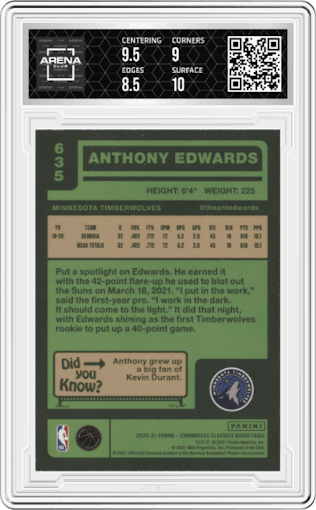 Anthony Edwards from the 2020-21 Panini Chronicles set graded by Arena Club and given an overall grade of 9.