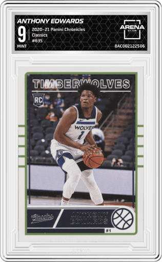 Anthony Edwards from the 2020-21 Panini Chronicles set graded by Arena Club and given an overall grade of 9.