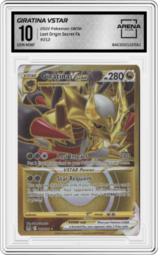 Giratina VSTAR from the 2022 Pokemon SWSH set graded by Arena Club and given an overall grade of 10.