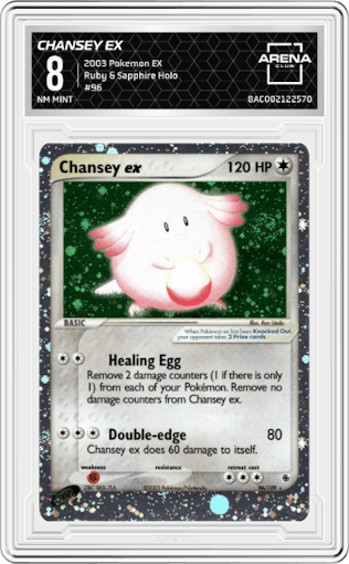 Chansey ex from the 2003 Pokemon EX set graded by Arena Club and given an overall grade of 8.