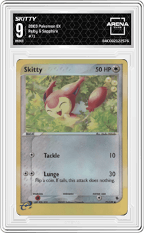 Skitty from the 2003 Pokemon EX set graded by Arena Club and given an overall grade of 9.