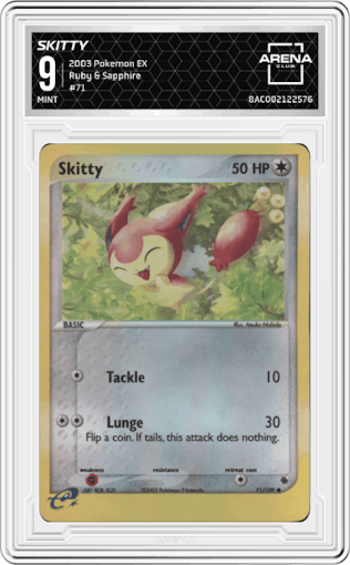 Skitty from the 2003 Pokemon EX set graded by Arena Club and given an overall grade of 9.
