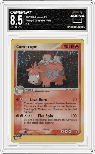 Camerupt from the 2003 Pokemon EX set graded by Arena Club and given an overall grade of 8.5.