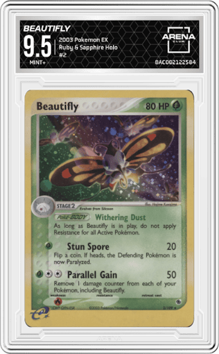 Beautifly from the 2003 Pokemon EX set graded by Arena Club and given an overall grade of 9.5.