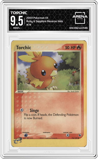 Torchic from the 2003 Pokemon EX set graded by Arena Club and given an overall grade of 9.5.