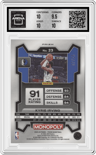 Kyrie Irving from the 2023-24 Panini Prizm Monopoly set featuring a Question Mark parallel graded by Arena Club and given an overall grade of 10.