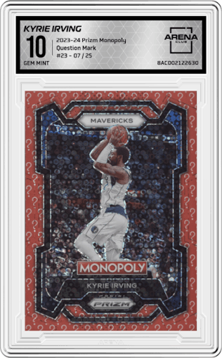 Kyrie Irving from the 2023-24 Panini Prizm Monopoly set featuring a Question Mark parallel graded by Arena Club and given an overall grade of 10.