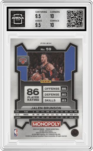 Jalen Brunson from the 2023-24 Panini Prizm Monopoly set featuring a  Monopoly Man Black & White  parallel graded by Arena Club and given an overall grade of 10.